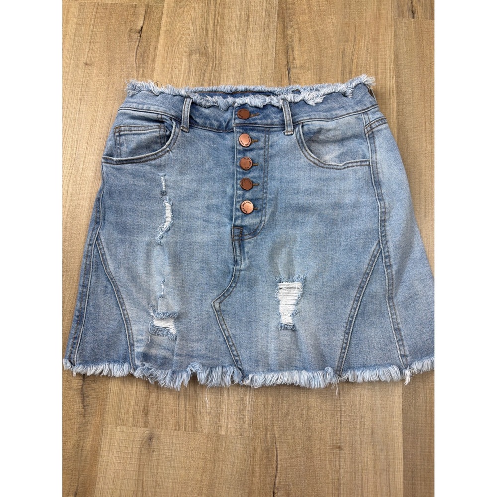 Black Label Cest Toi Distressed Denim Mini Skirt Frayed Hem Button Fly Med NWOT